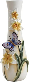 Ceramic Vase, Hand-Painted Butterflies and Lilies Flowers Home Decor Bouquet Holder- 10" Tall