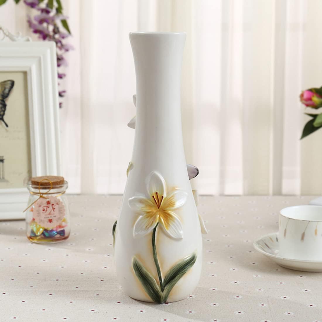 Ceramic Vase, Hand-Painted Butterflies and Lilies Flowers Home Decor Bouquet Holder- 10" Tall