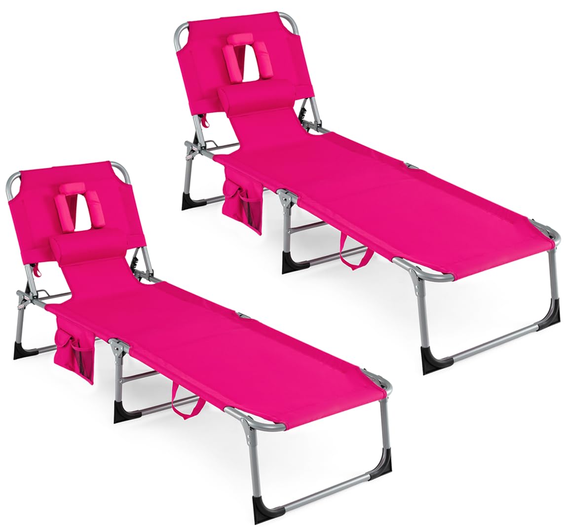 COSTWAY Tanning Chair with Face Hole, Folding Beach Lounge Chair with 4-Position Adjustable Backrest, Pillow & Side Pocket, Foldable Chaise Lounge Chair Outdoor for Sunbathing, Camping (1, Pink)