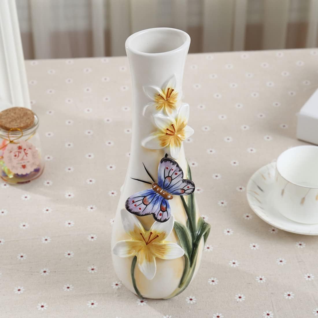 Ceramic Vase, Hand-Painted Butterflies and Lilies Flowers Home Decor Bouquet Holder- 10" Tall