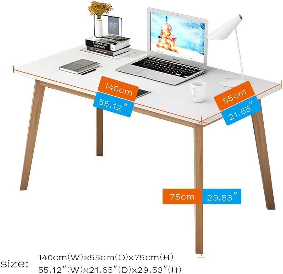 IOTXY Simple Wooden Writing Desk - Modern Minimalist Style PC Laptop Computer Workbench with Solid Wood Legs, 55" W Home Office Work Table for TV Stand Music Video Live Broadcast Workstation, White
