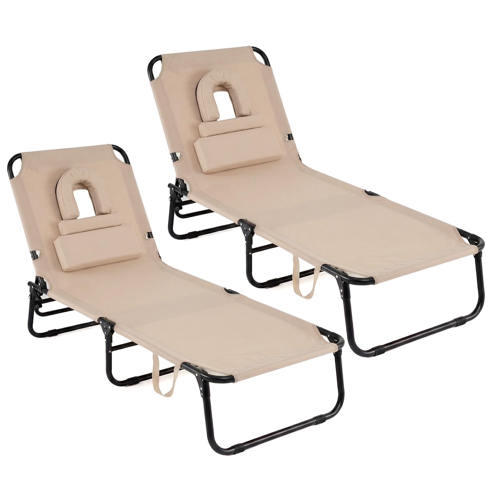 GYMAX Tanning Chair, Folding Lounge Chairs with Face Hole & Cover, Removable Pillow Carry Handle, Portable Compact Outdoor Layout Recliner for Beach, Poolside, Lawn, Patio, Camping (Red,1)
