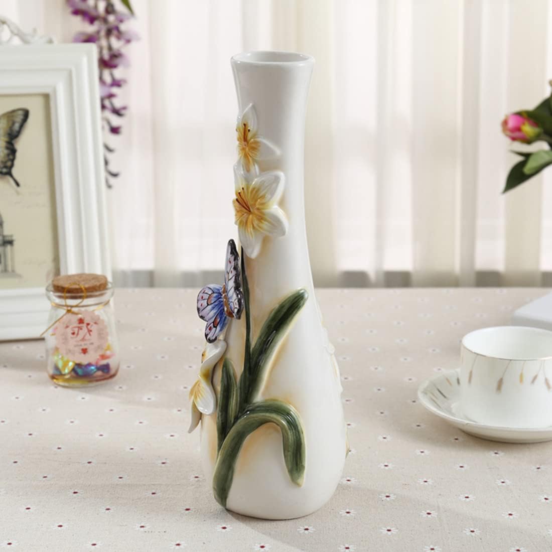 Ceramic Vase, Hand-Painted Butterflies and Lilies Flowers Home Decor Bouquet Holder- 10" Tall