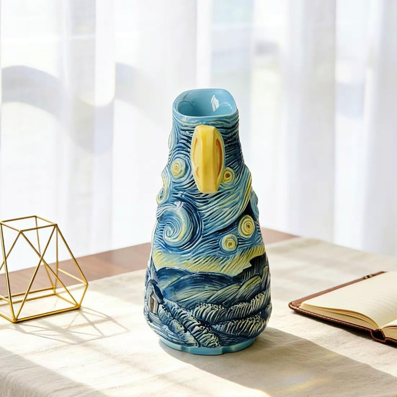 8.7" Hand-Painted Ceramic Vase, Van Gogh Starry Sky Flower Vase for Home Decor, Blue Art Vase for Fresh/Dried Bouquets, Table Centerpiece