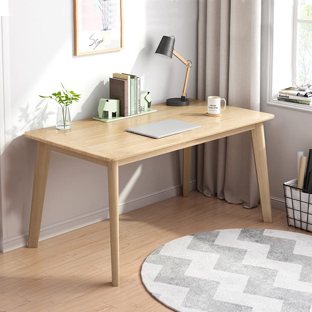 IOTXY Simple Wooden Writing Desk - Modern Minimalist Style PC Laptop Computer Workbench with Solid Wood Legs, 55" W Home Office Work Table for TV Stand Music Video Live Broadcast Workstation, White