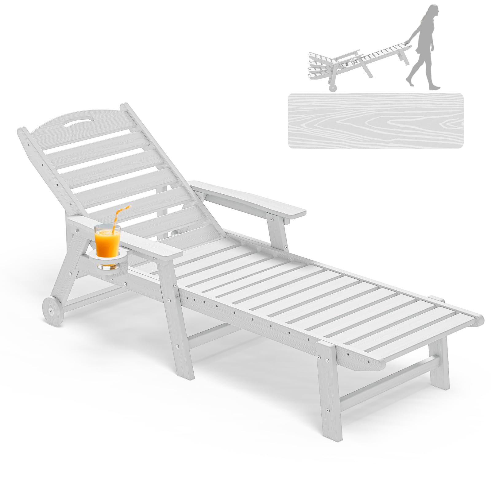 Plawdlik Oversized Patio Chaise Lounge, 5 Positions Adjustable HDPE Outdoor Lounge Chair with Rolling Wheels & Cup Holder,All-Weather for Poolside, Beach, Garden - Aruba Blue