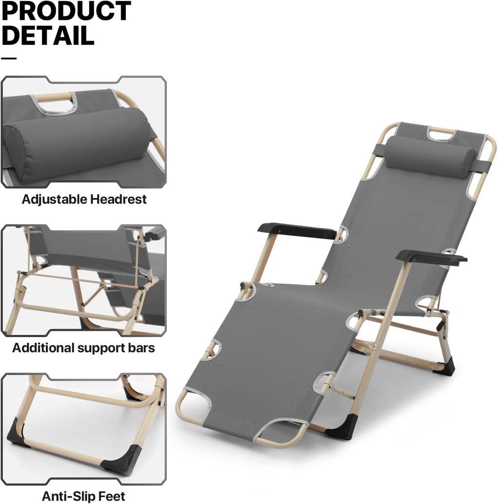 MoNiBloom Patio Lounge Chair Set of 2 Folding Lawn Lounger Outdoor Camp Reclining Chair with Adjustable Headrest for Garden Yard Pool Side, 330lbs Capacity