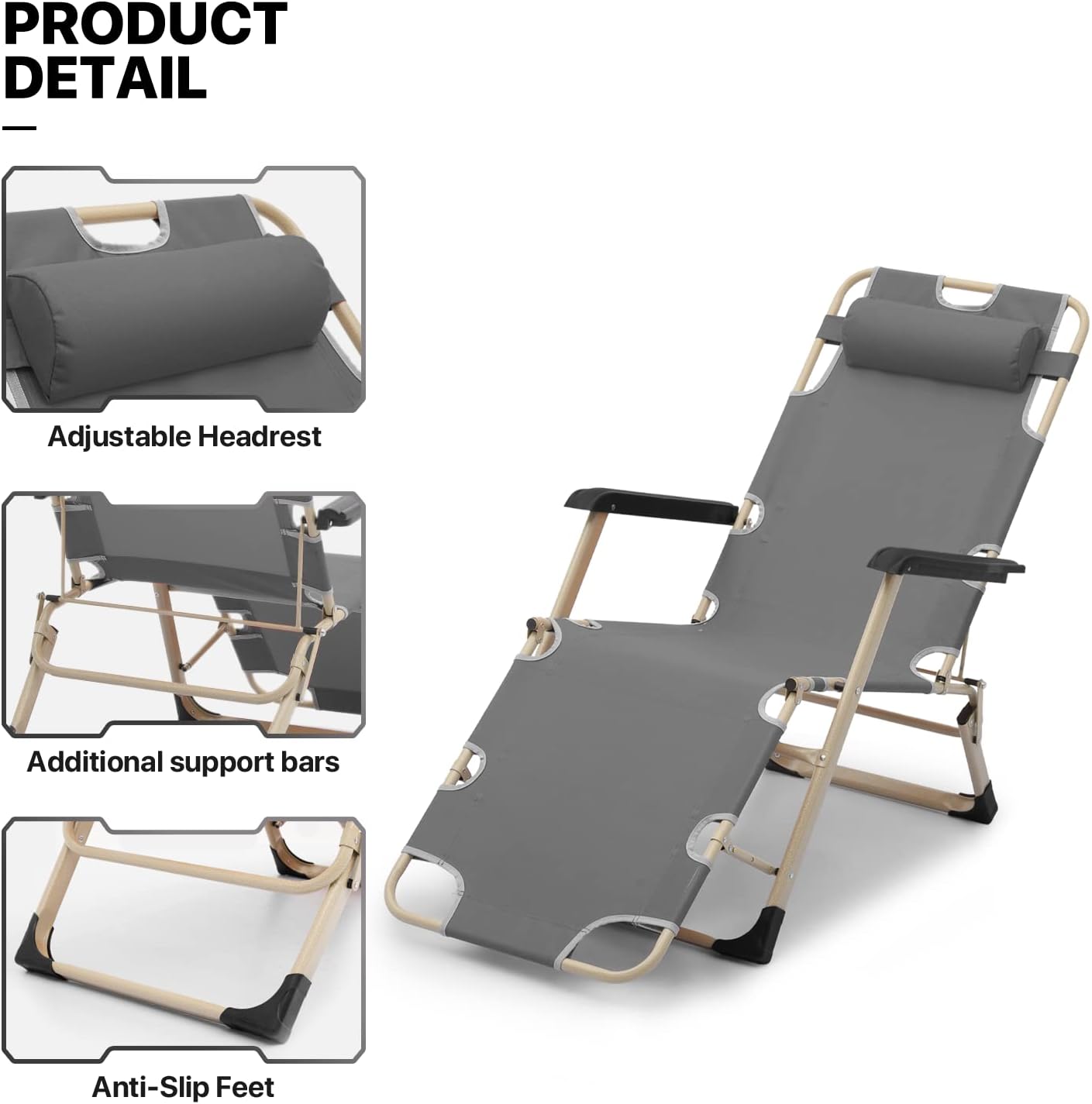 MoNiBloom Patio Lounge Chair Set of 2 Folding Lawn Lounger Outdoor Camp Reclining Chair with Adjustable Headrest for Garden Yard Pool Side, 330lbs Capacity