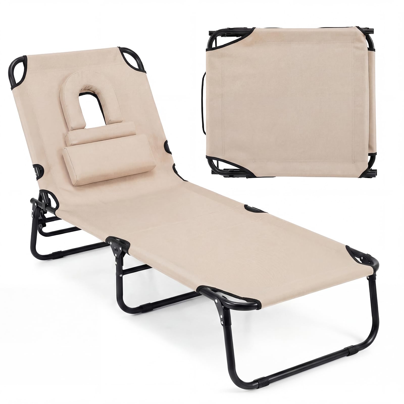 GYMAX Tanning Chair, Folding Lounge Chairs with Face Hole & Cover, Removable Pillow Carry Handle, Portable Compact Outdoor Layout Recliner for Beach, Poolside, Lawn, Patio, Camping (Red,1)