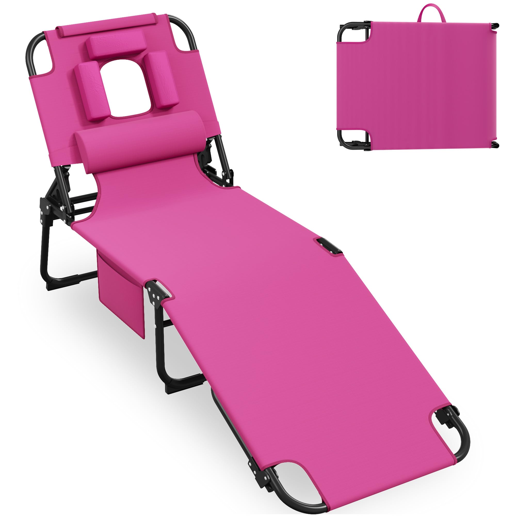 400lbs Tanning Chair, 5-Fold Beach Lounge Chair with Face Hole & 2 Side Pockets, Non-Slip Foot & Portable Handle, Beach Chaise Lounge for Patio/Pool/Lawn(1, Blue)