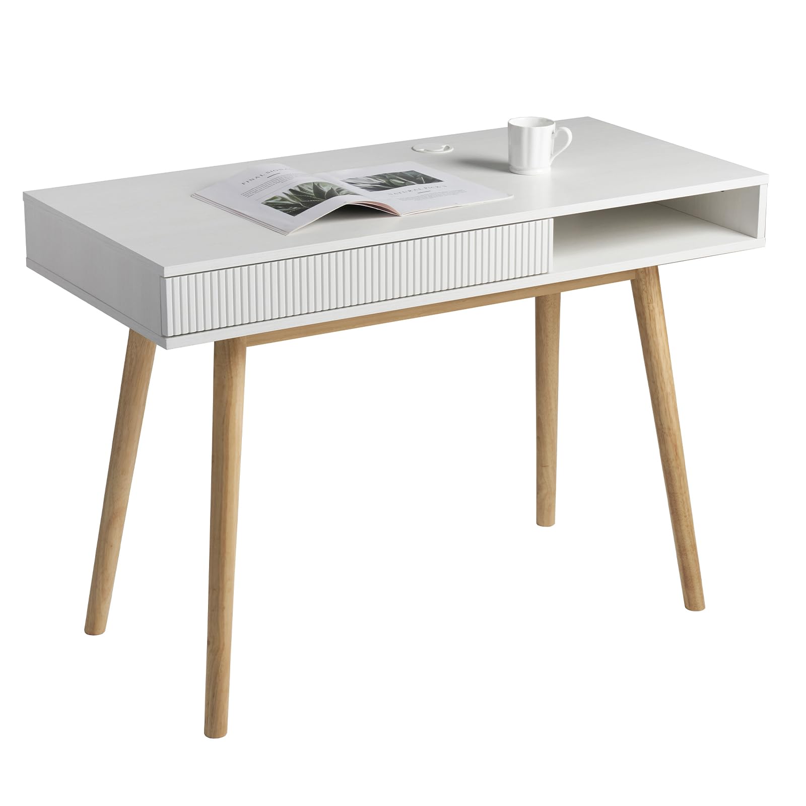 Artswish White Writing Desk with Drawers Mid Century Modern Desk, Wood Office Computer Desks for Small Space, White Desks with Walnut Legs