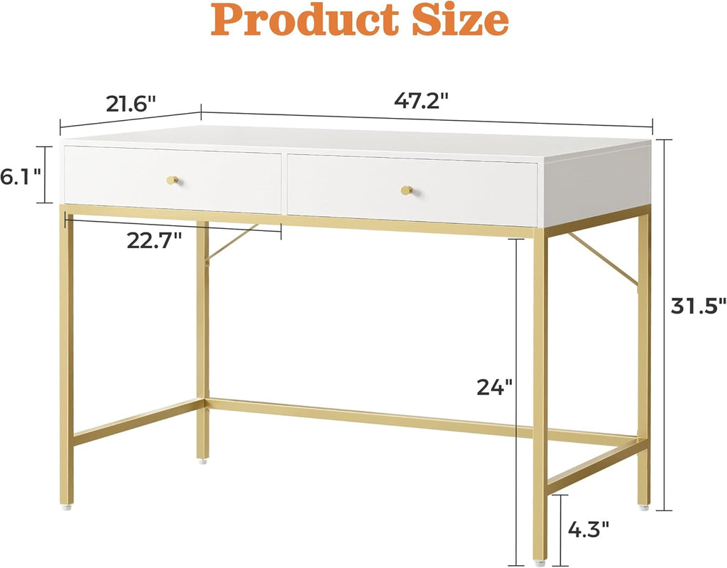 SUPERJARE Vanity Desk with Drawers, 47 inch Computer Desk, Modern Simple Home Office Desks, Makeup Dressing Table for Bedroom - White and Gold