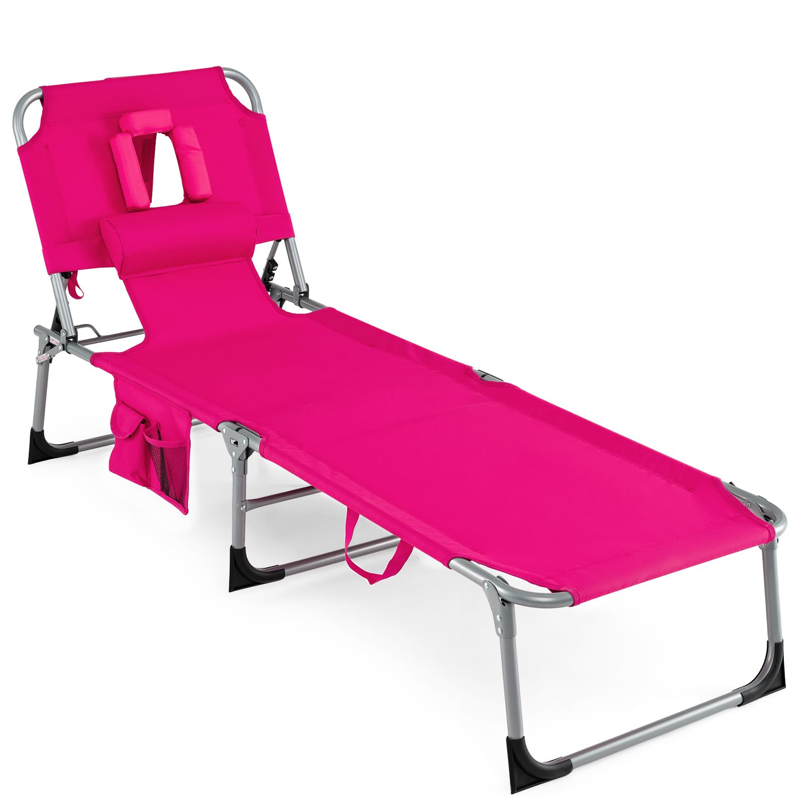 COSTWAY Tanning Chair with Face Hole, Folding Beach Lounge Chair with 4-Position Adjustable Backrest, Pillow & Side Pocket, Foldable Chaise Lounge Chair Outdoor for Sunbathing, Camping (1, Pink)