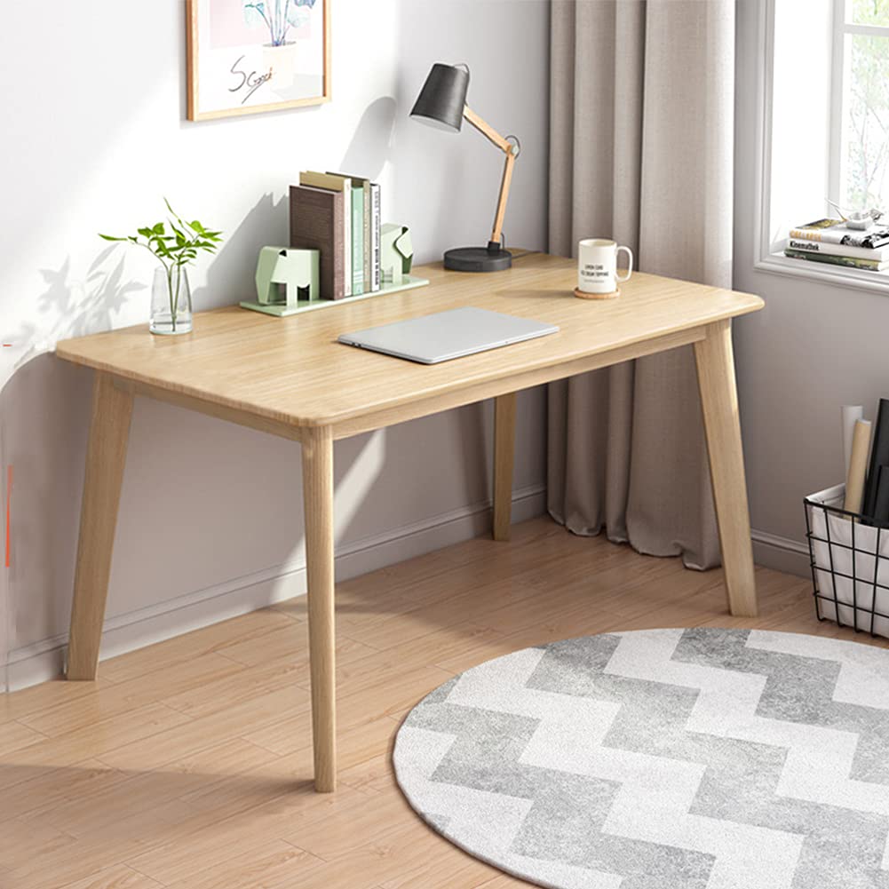 IOTXY Simple Wooden Writing Desk - Modern Minimalist Style PC Laptop Computer Workbench with Solid Wood Legs, 55" W Home Office Work Table for TV Stand Music Video Live Broadcast Workstation, White