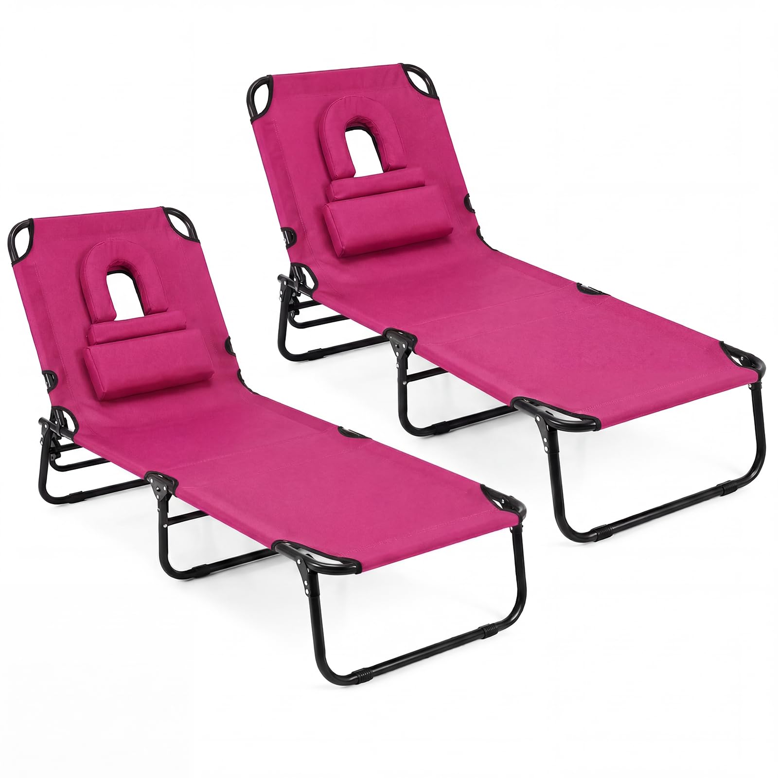 GYMAX Tanning Chair, Folding Lounge Chairs with Face Hole & Cover, Removable Pillow Carry Handle, Portable Compact Outdoor Layout Recliner for Beach, Poolside, Lawn, Patio, Camping (Red,1)