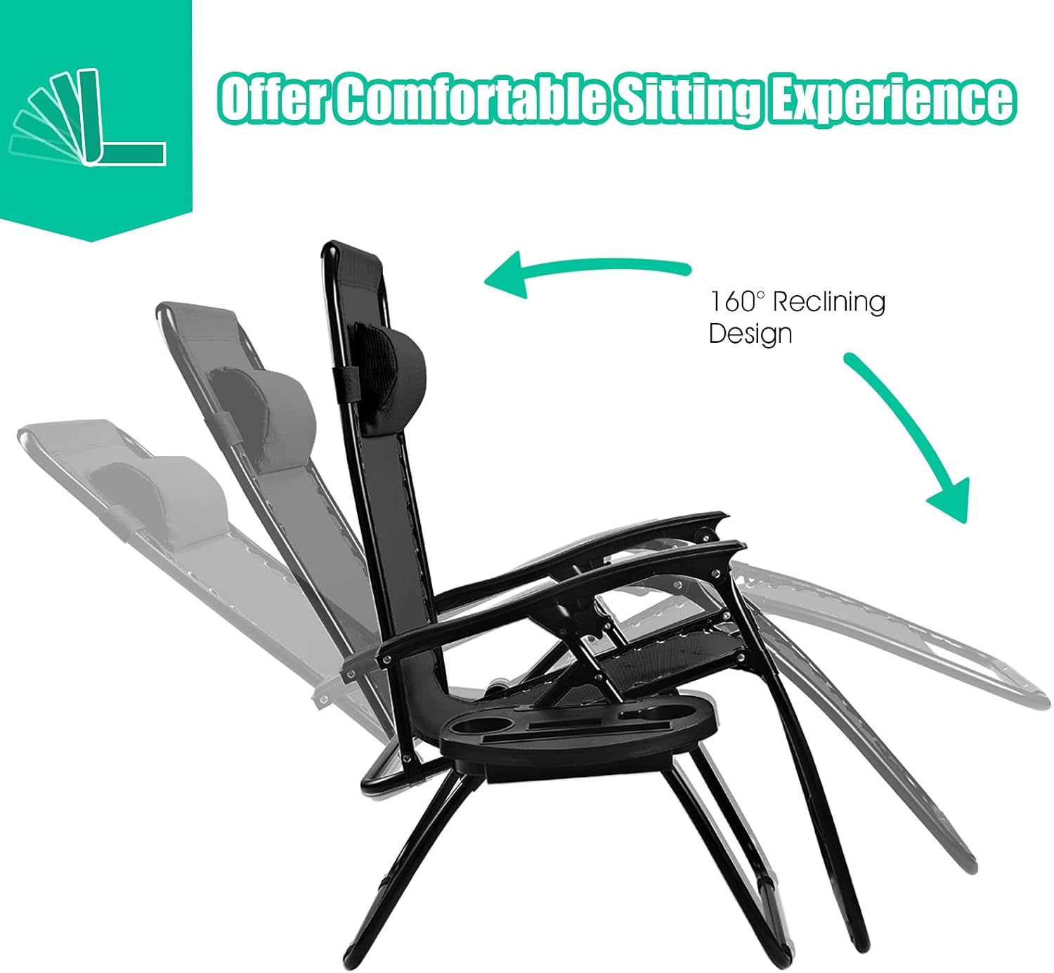 Folding Zero Gravity Reclining Textilene Lounge Chairs, Outdoor Adjustable Patio w/Pillows & Cup Holder Trays for Backyard, Beach, Poolside (BK)