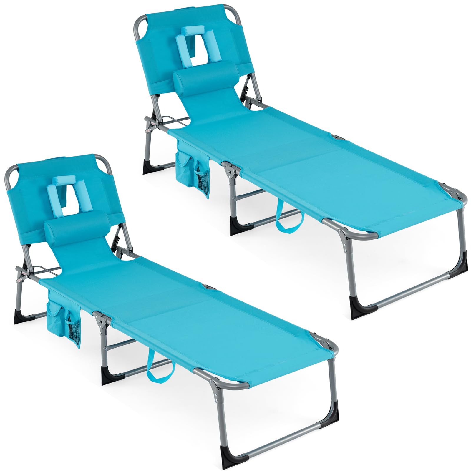 COSTWAY Tanning Chair with Face Hole, Folding Beach Lounge Chair with 4-Position Adjustable Backrest, Pillow & Side Pocket, Foldable Chaise Lounge Chair Outdoor for Sunbathing, Camping (1, Pink)