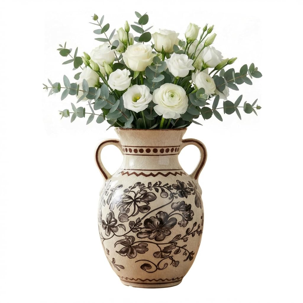 EFISPSS Ceramic Vintage Vase Decorative Spring Decor Chinese Crackle Floral Handle for Dining Room Living Room Green 8.4 in