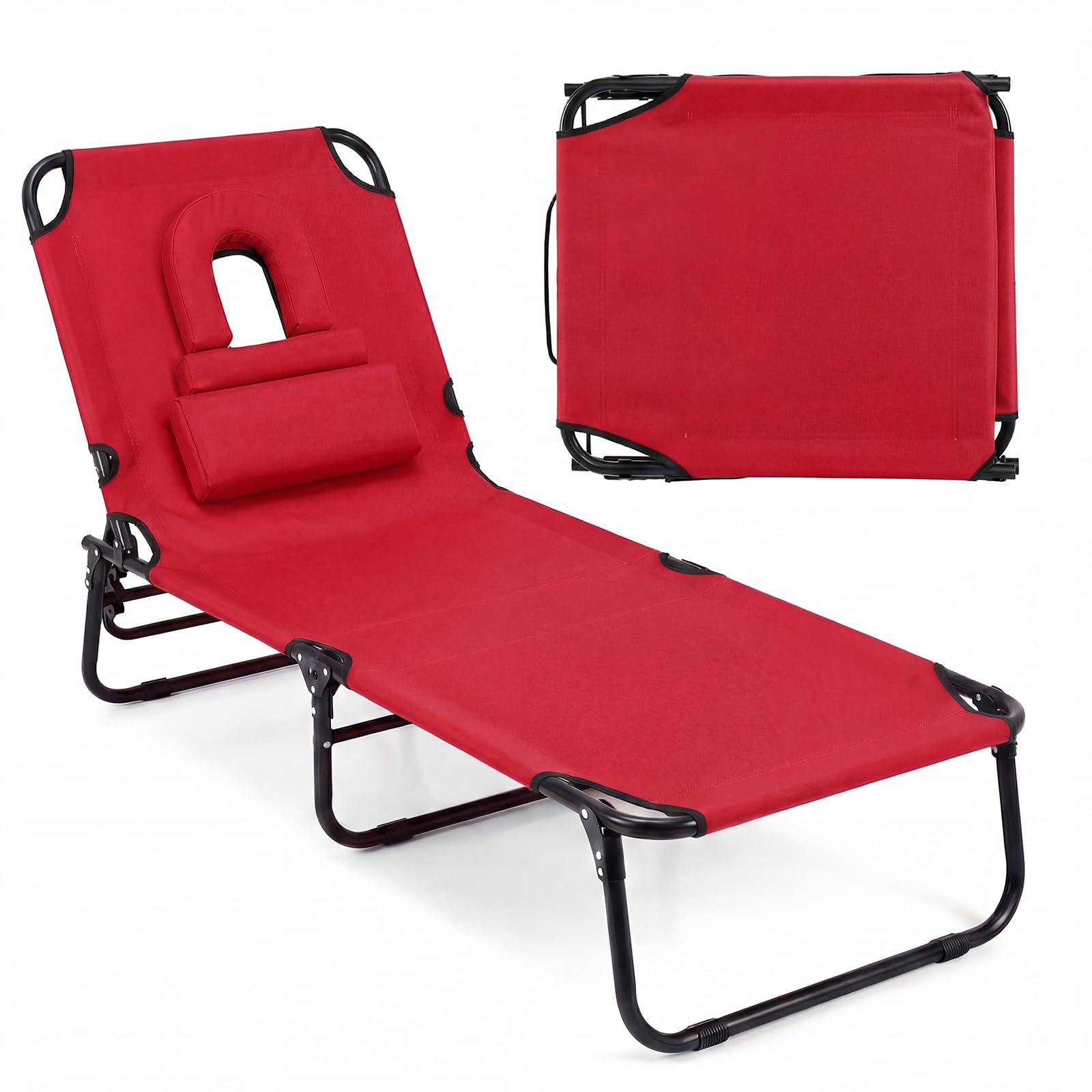 GYMAX Tanning Chair, Folding Lounge Chairs with Face Hole & Cover, Removable Pillow Carry Handle, Portable Compact Outdoor Layout Recliner for Beach, Poolside, Lawn, Patio, Camping (Red,1)