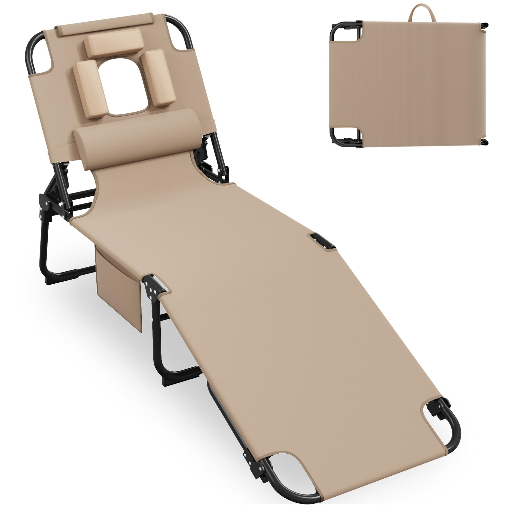 400lbs Tanning Chair, 5-Fold Beach Lounge Chair with Face Hole & 2 Side Pockets, Non-Slip Foot & Portable Handle, Beach Chaise Lounge for Patio/Pool/Lawn(1, Blue)