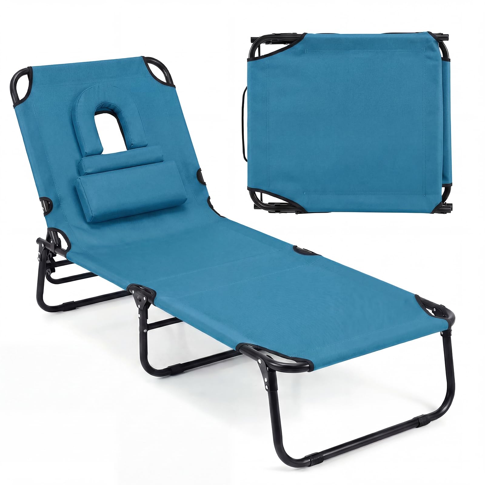 GYMAX Tanning Chair, Folding Lounge Chairs with Face Hole & Cover, Removable Pillow Carry Handle, Portable Compact Outdoor Layout Recliner for Beach, Poolside, Lawn, Patio, Camping (Red,1)