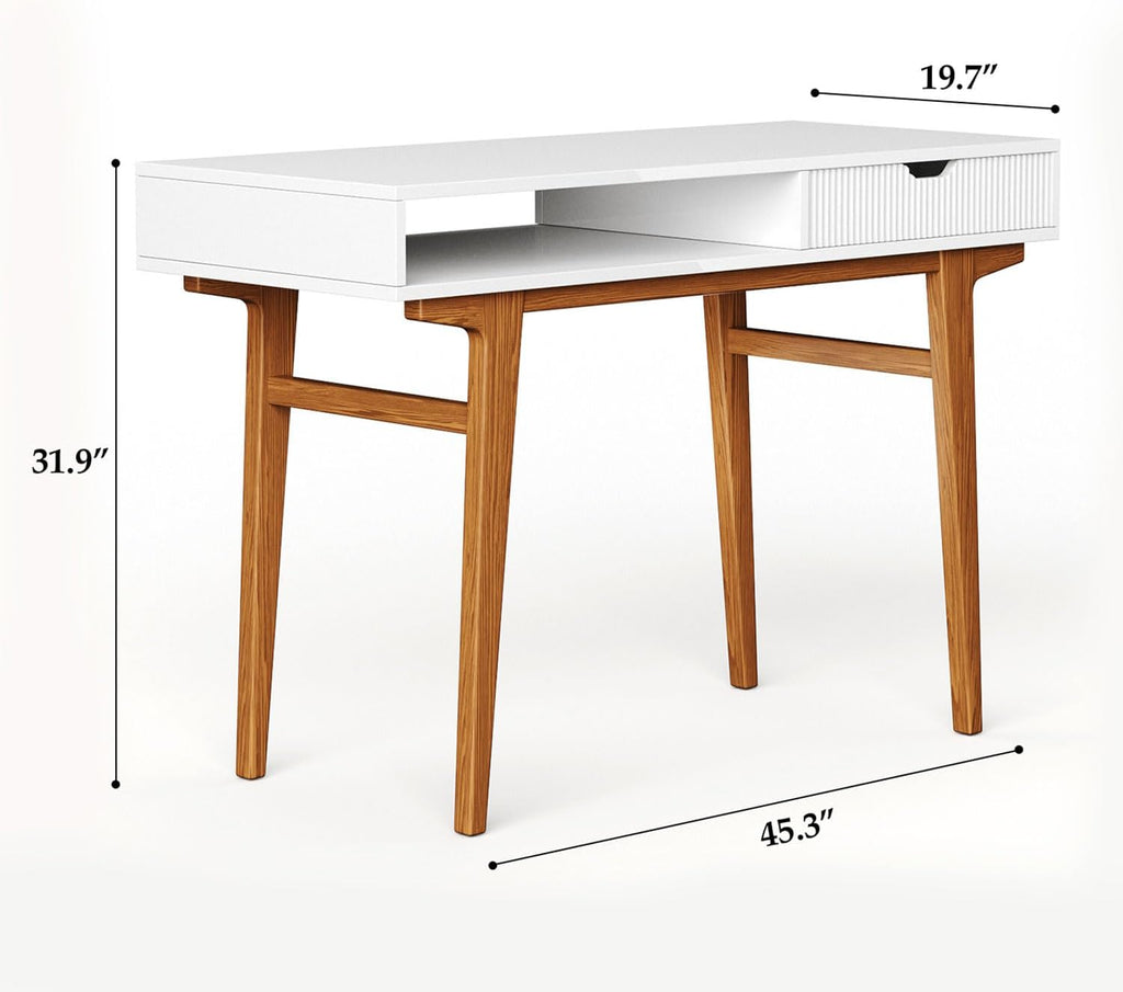 White Computer Desk with Drawers - 45 inch Minimalist Small Solid Wood Mid-Century Modern Office Desk for Home - Boho Style Writing Table with Open Storage,Light Wooden Desk Workspace