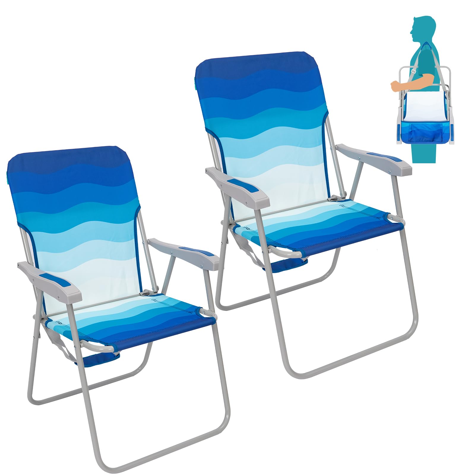 #WEJOY Folding Beach Chair for Adults, Lightweight Beach Chair with Shoulder Straps, High Back Camping Chairs with Hard Armrest, Supports 300lbs for Outdoor Lawn Concert