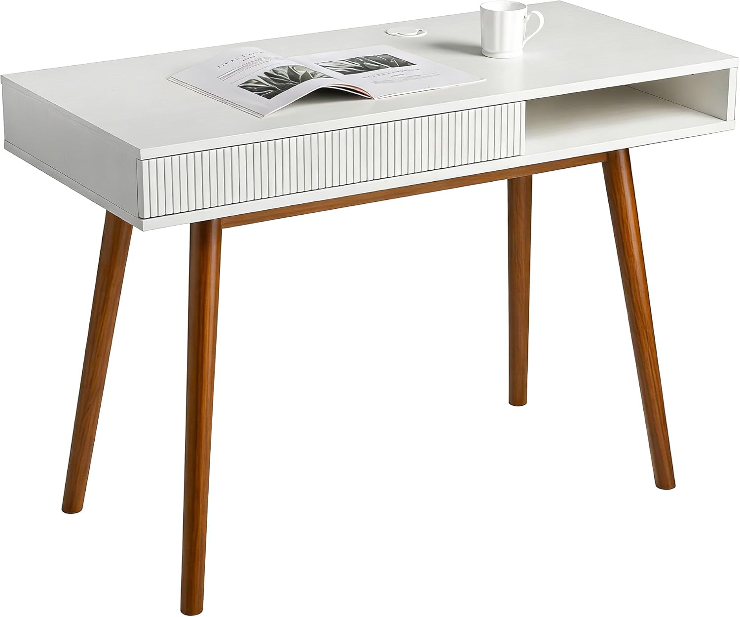 Artswish White Writing Desk with Drawers Mid Century Modern Desk, Wood Office Computer Desks for Small Space, White Desks with Walnut Legs