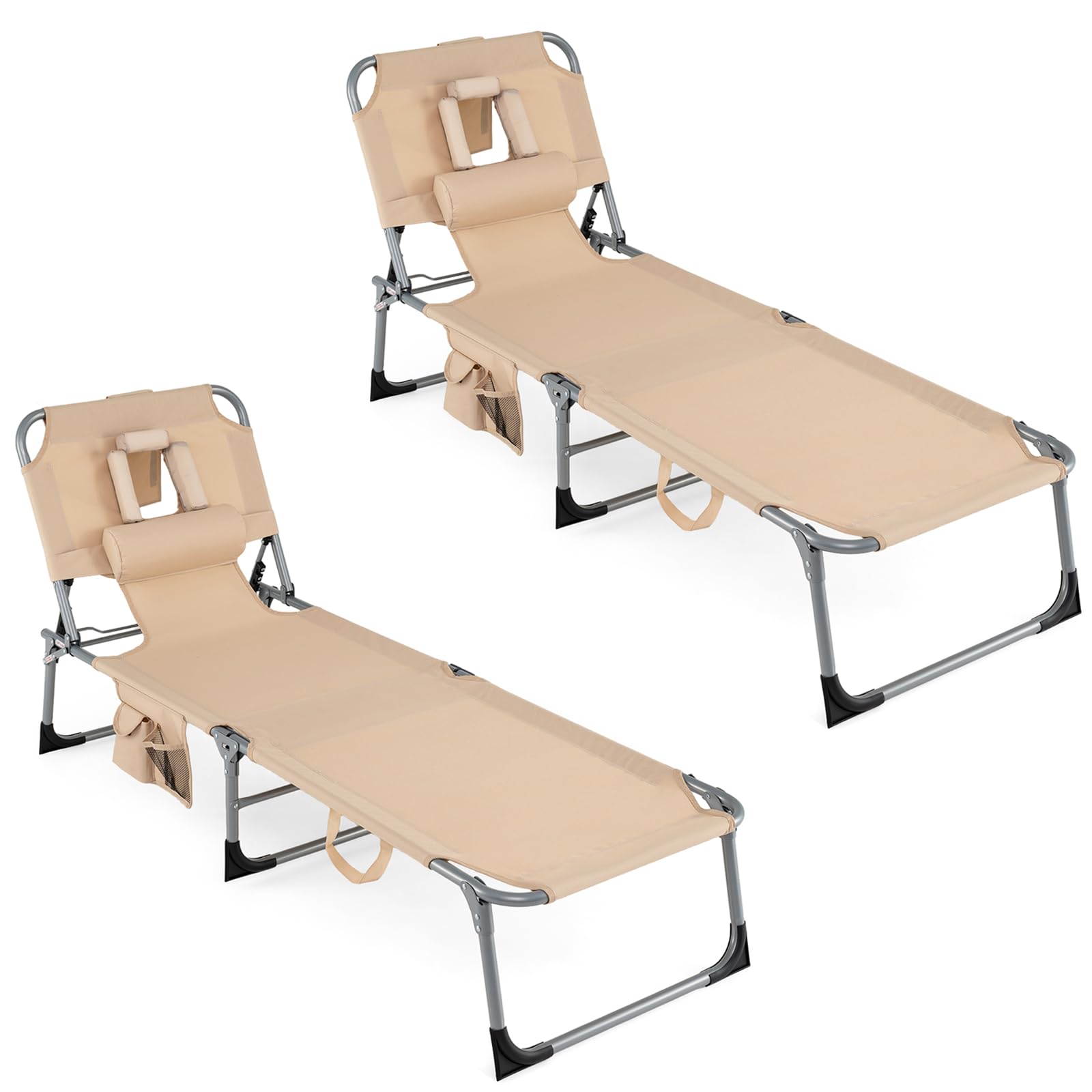 COSTWAY Tanning Chair with Face Hole, Folding Beach Lounge Chair with 4-Position Adjustable Backrest, Pillow & Side Pocket, Foldable Chaise Lounge Chair Outdoor for Sunbathing, Camping (1, Pink)
