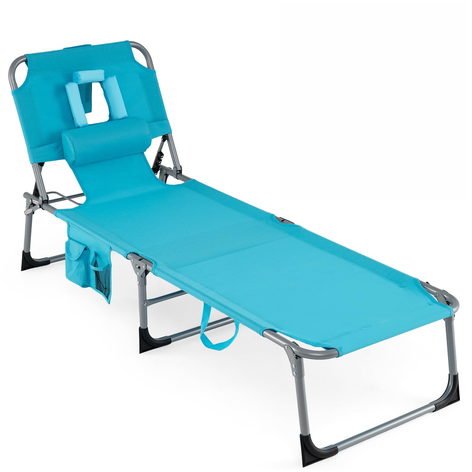 COSTWAY Tanning Chair with Face Hole, Folding Beach Lounge Chair with 4-Position Adjustable Backrest, Pillow & Side Pocket, Foldable Chaise Lounge Chair Outdoor for Sunbathing, Camping (1, Pink)