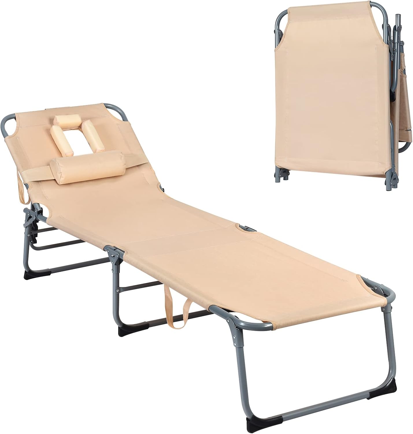LUARANE Outdoor Folding Lounge Chair, Adjustable Tanning Chair with Face Hole & Removable Pillow, Headrest and Carry Strap, Portable Sunbathing Recliner Chair for Patio, Backyard, Beach (1, Beige)