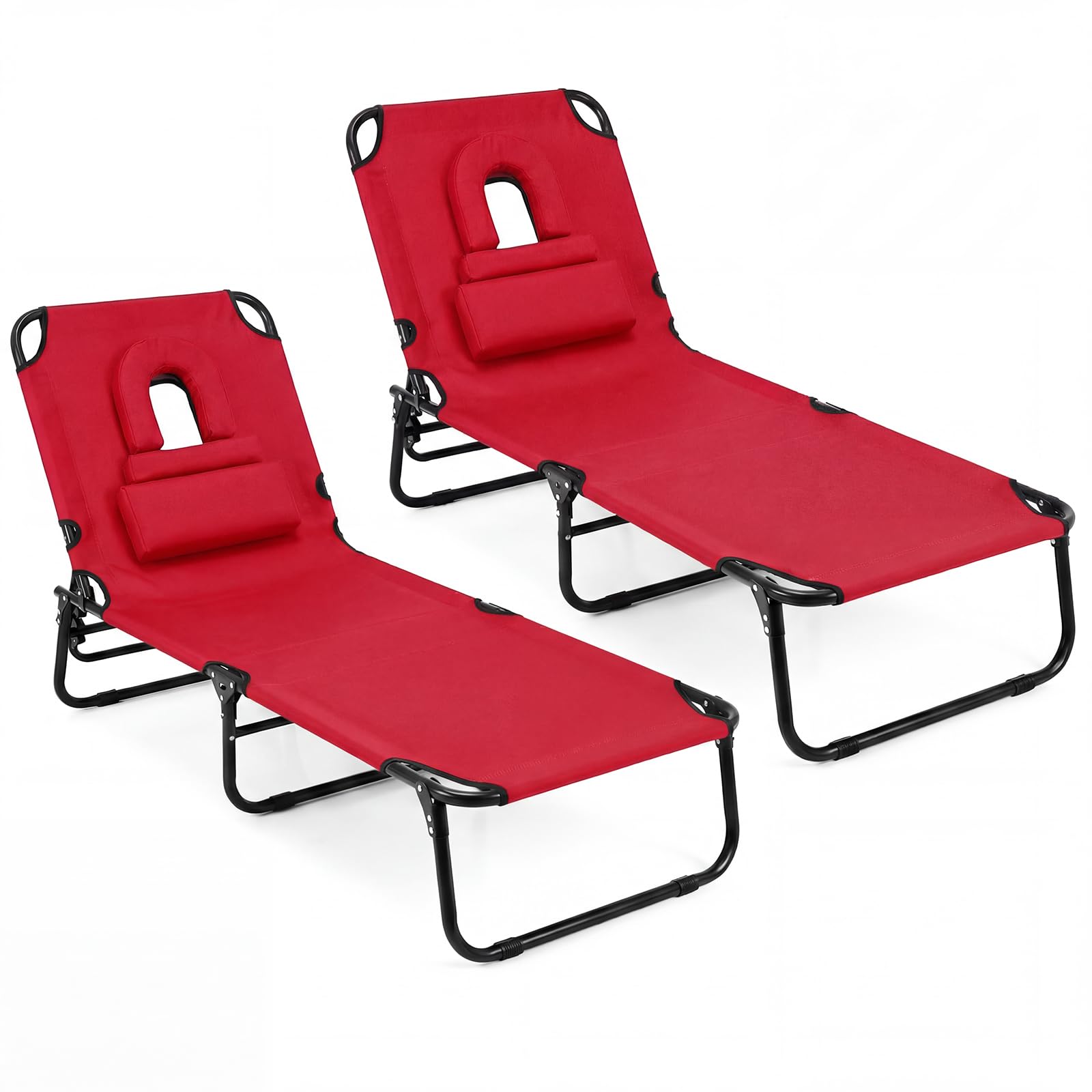 GYMAX Tanning Chair, Folding Lounge Chairs with Face Hole & Cover, Removable Pillow Carry Handle, Portable Compact Outdoor Layout Recliner for Beach, Poolside, Lawn, Patio, Camping (Red,1)
