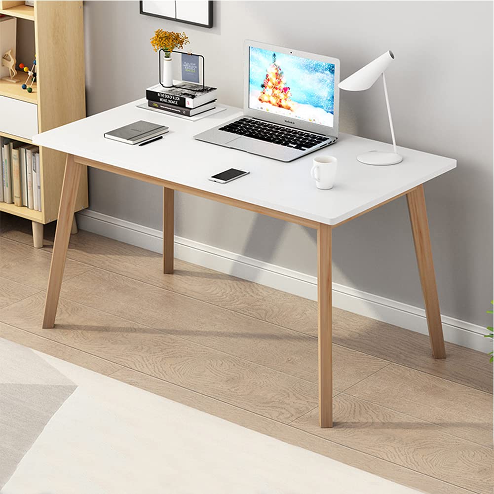 IOTXY Simple Wooden Writing Desk - Modern Minimalist Style PC Laptop Computer Workbench with Solid Wood Legs, 55" W Home Office Work Table for TV Stand Music Video Live Broadcast Workstation, White