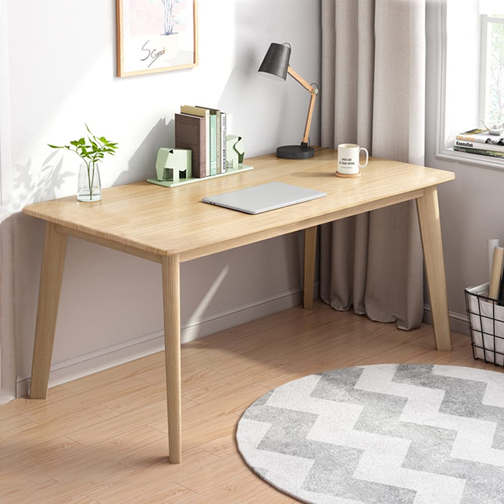 IOTXY Simple Wooden Writing Desk - Modern Minimalist Style PC Laptop Computer Workbench with Solid Wood Legs, 55" W Home Office Work Table for TV Stand Music Video Live Broadcast Workstation, White