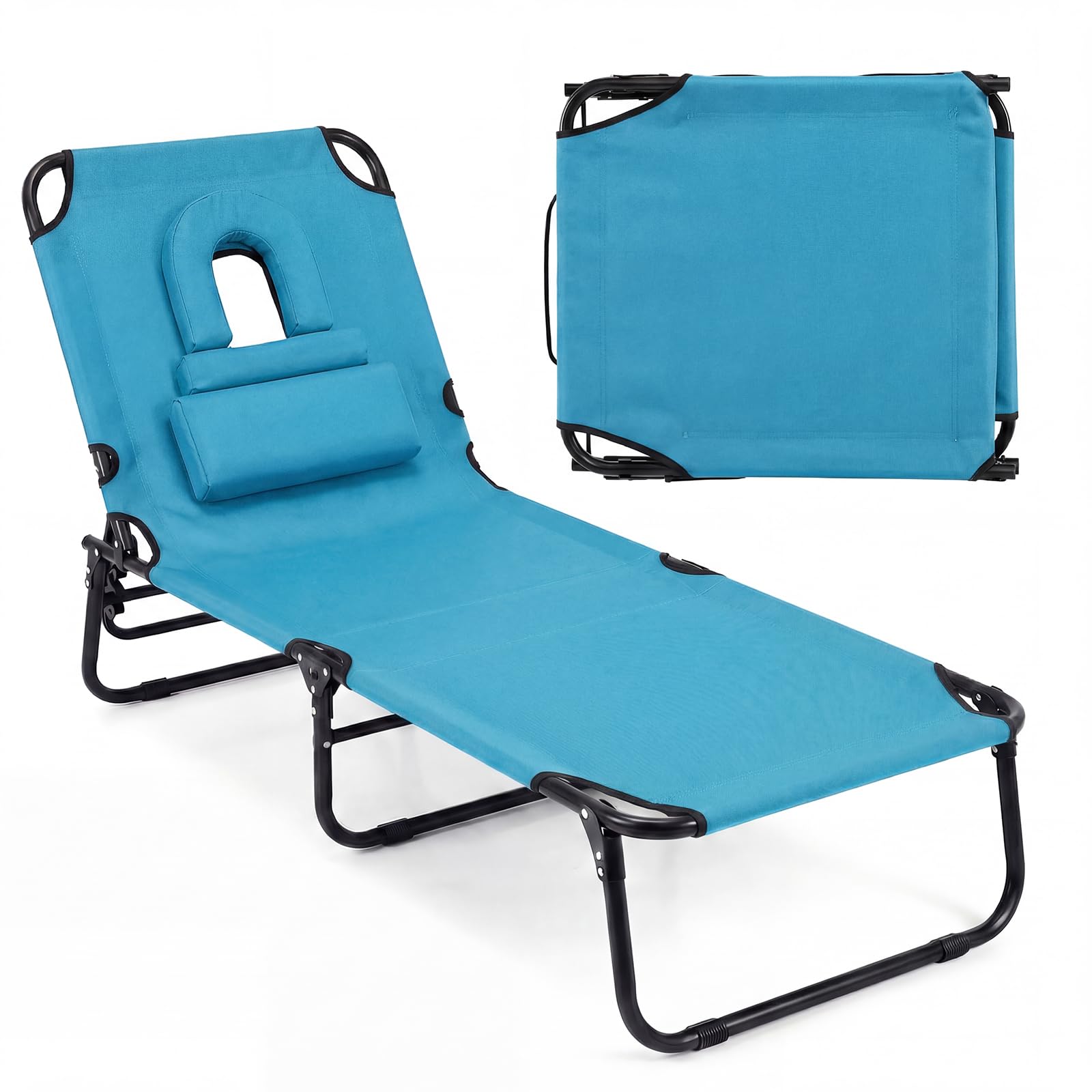 GYMAX Tanning Chair, Folding Lounge Chairs with Face Hole & Cover, Removable Pillow Carry Handle, Portable Compact Outdoor Layout Recliner for Beach, Poolside, Lawn, Patio, Camping (Red,1)