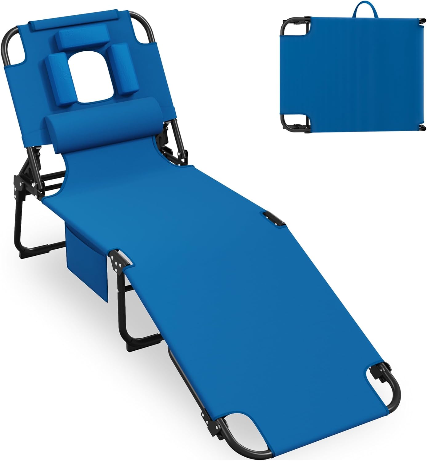 400lbs Tanning Chair, 5-Fold Beach Lounge Chair with Face Hole & 2 Side Pockets, Non-Slip Foot & Portable Handle, Beach Chaise Lounge for Patio/Pool/Lawn(1, Blue)