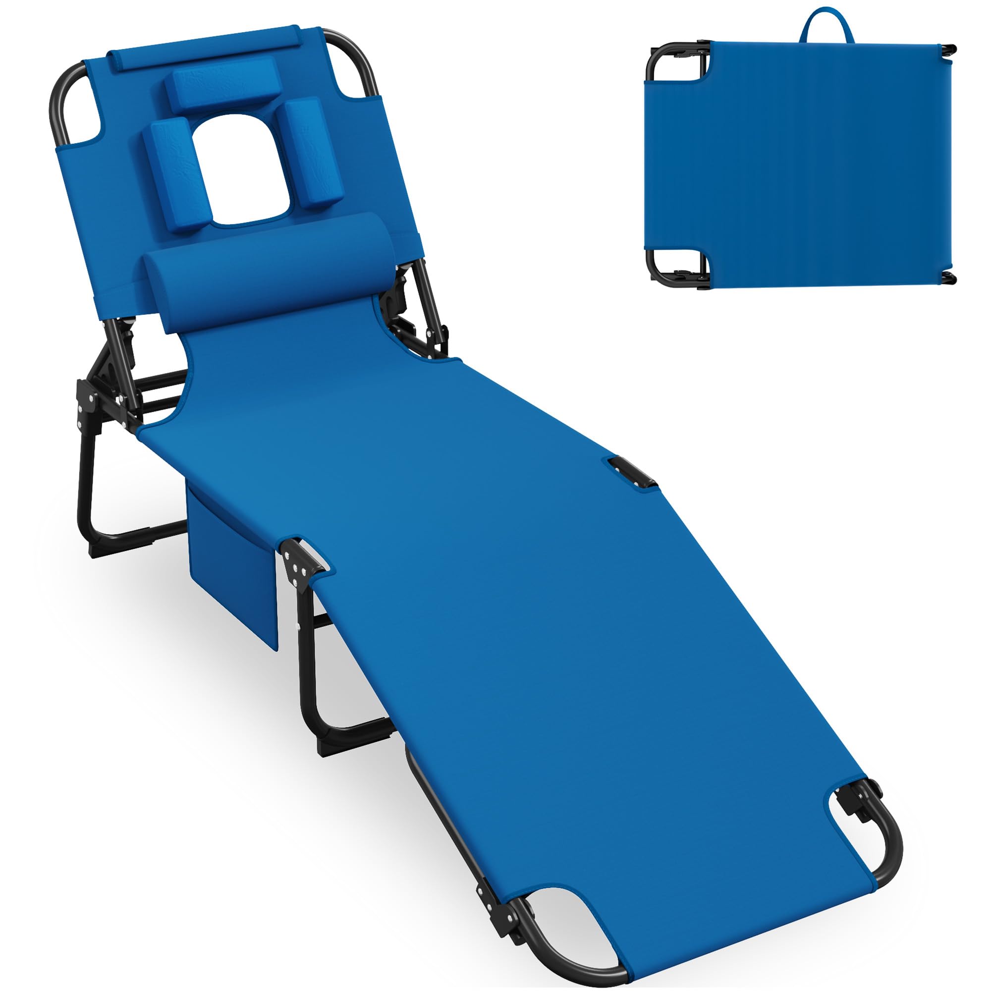 400lbs Tanning Chair, 5-Fold Beach Lounge Chair with Face Hole & 2 Side Pockets, Non-Slip Foot & Portable Handle, Beach Chaise Lounge for Patio/Pool/Lawn(1, Blue)