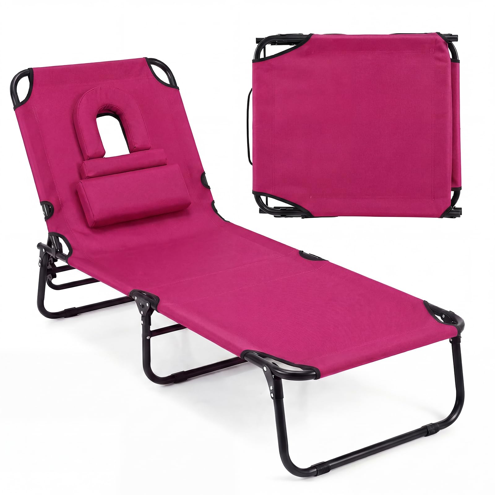 GYMAX Tanning Chair, Folding Lounge Chairs with Face Hole & Cover, Removable Pillow Carry Handle, Portable Compact Outdoor Layout Recliner for Beach, Poolside, Lawn, Patio, Camping (Red,1)