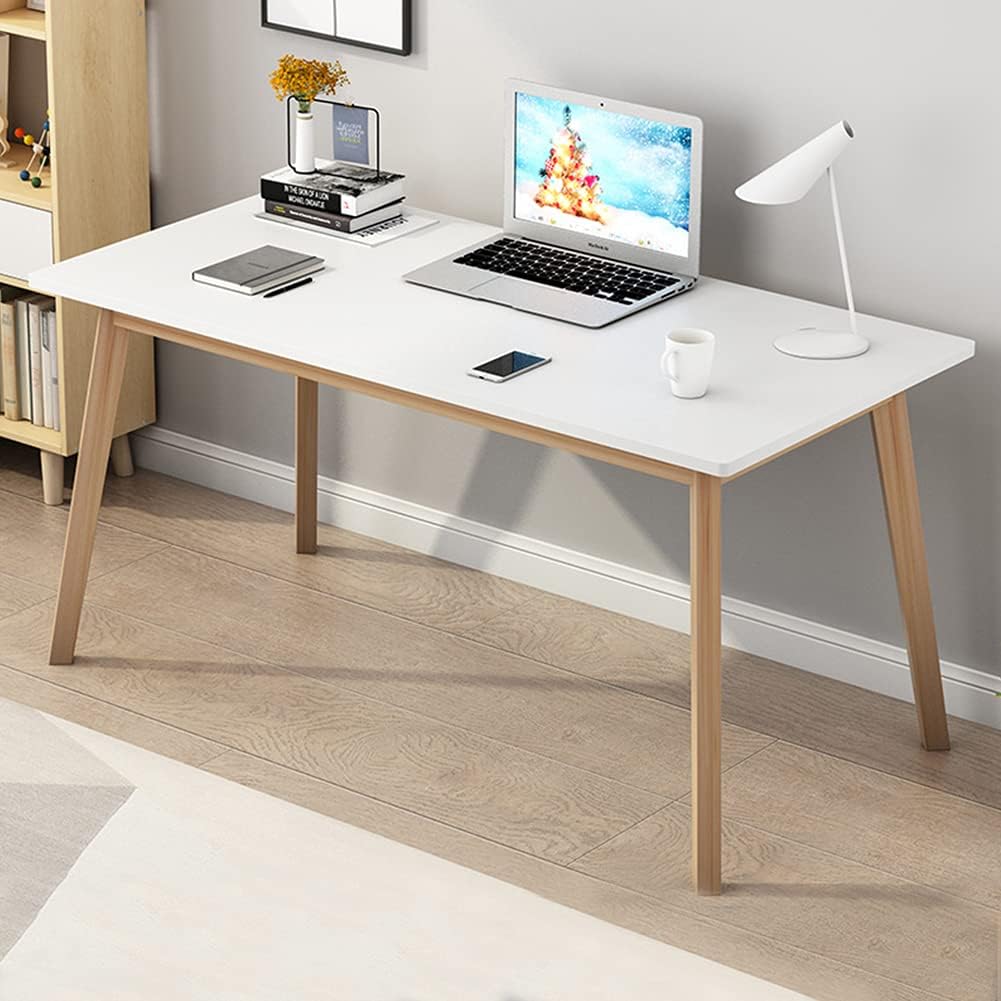 IOTXY Simple Wooden Writing Desk - Modern Minimalist Style PC Laptop Computer Workbench with Solid Wood Legs, 55" W Home Office Work Table for TV Stand Music Video Live Broadcast Workstation, White