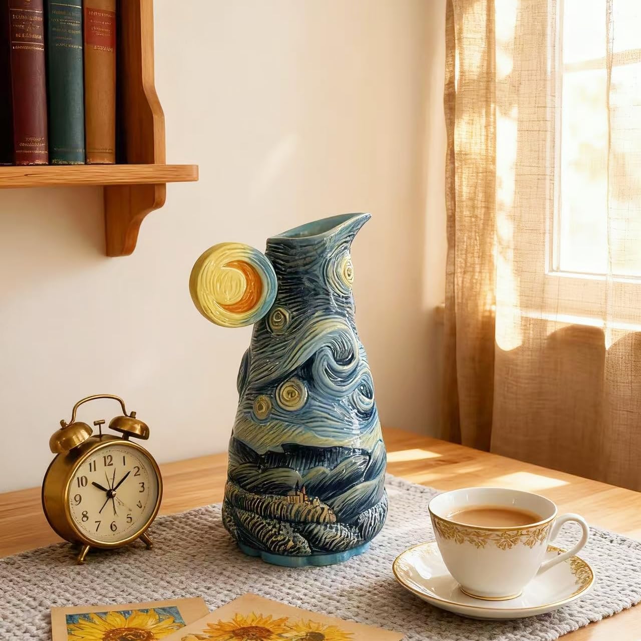 8.7" Hand-Painted Ceramic Vase, Van Gogh Starry Sky Flower Vase for Home Decor, Blue Art Vase for Fresh/Dried Bouquets, Table Centerpiece
