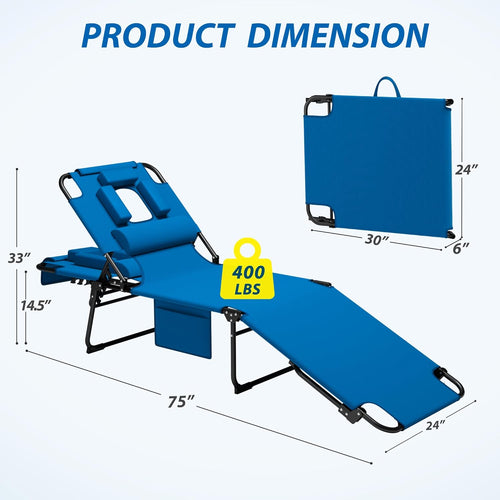 400lbs Tanning Chair, 5-Fold Beach Lounge Chair with Face Hole & 2 Side Pockets, Non-Slip Foot & Portable Handle, Beach Chaise Lounge for Patio/Pool/Lawn(1, Blue)