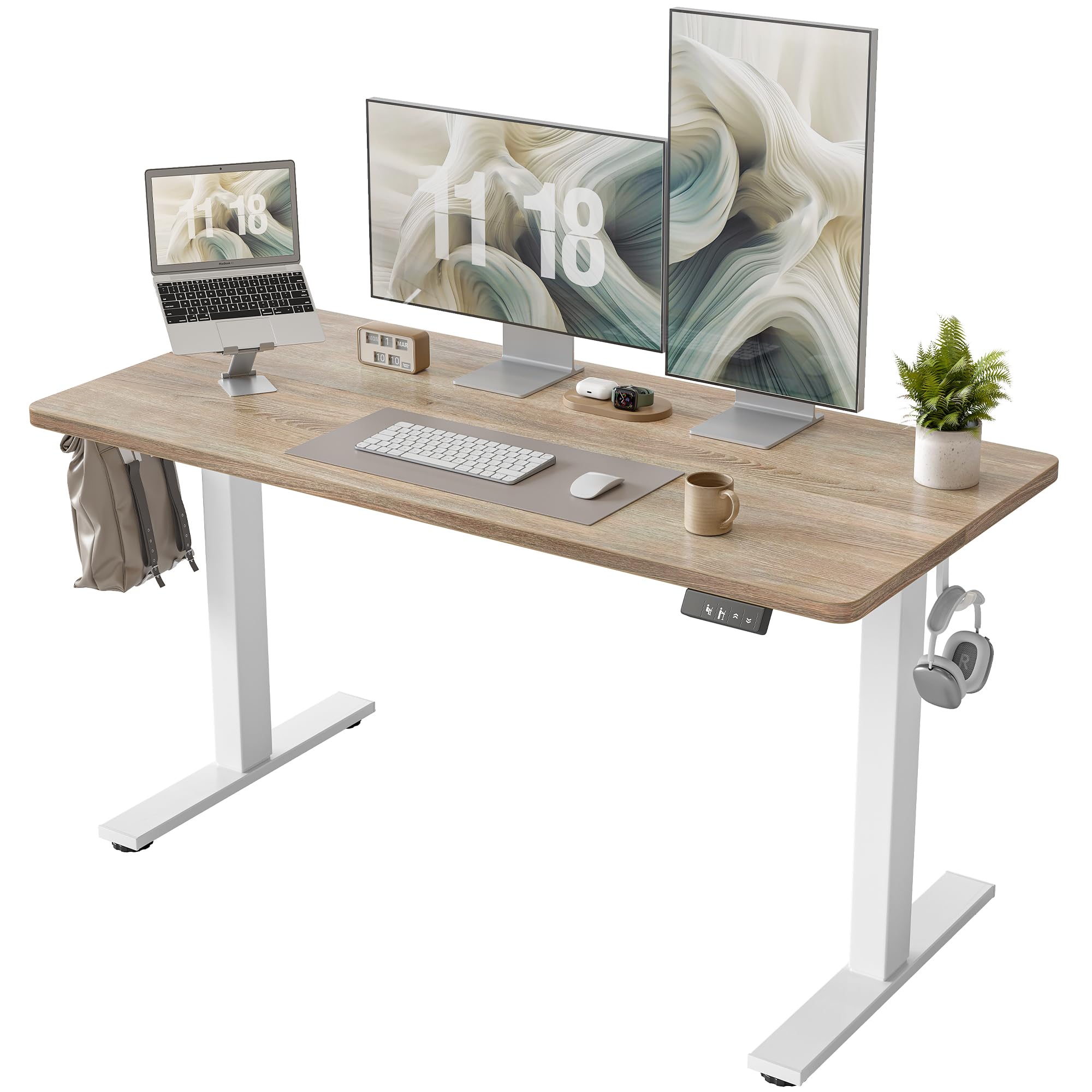 TIQLAB Electric Height Adjustable Standing Desk 47.2×23.6 inch, Sit Stand Desk with Splice Board, Memory Controller, White Frame & Maple Top Computer Workstation for Home Office