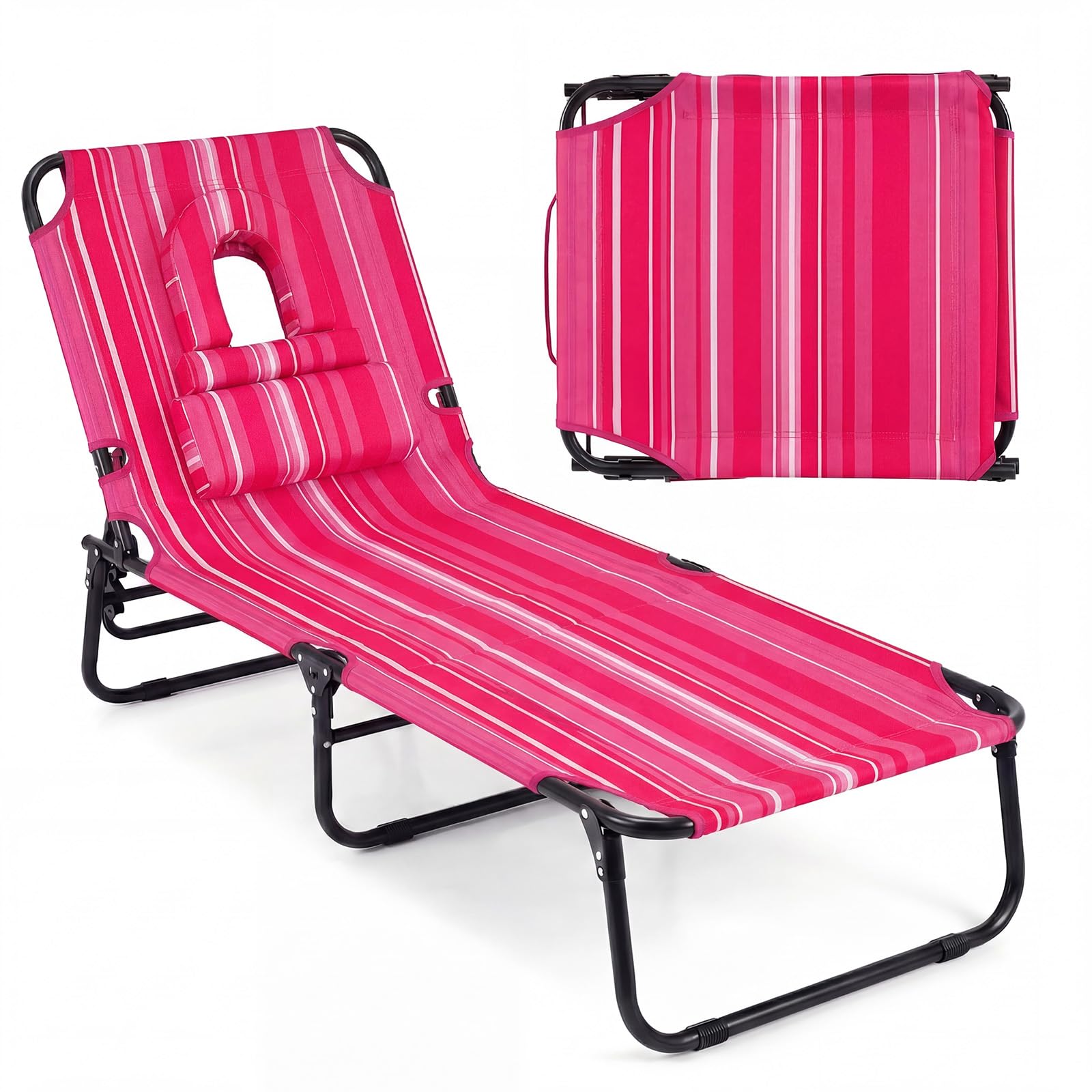 GYMAX Tanning Chair, Folding Lounge Chairs with Face Hole & Cover, Removable Pillow Carry Handle, Portable Compact Outdoor Layout Recliner for Beach, Poolside, Lawn, Patio, Camping (Red,1)