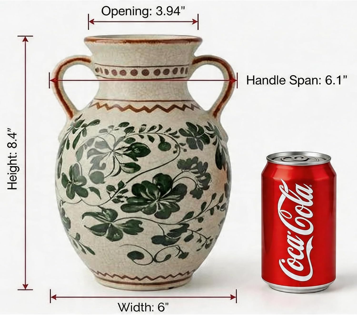 EFISPSS Ceramic Vintage Vase Decorative Spring Decor Chinese Crackle Floral Handle for Dining Room Living Room Green 8.4 in
