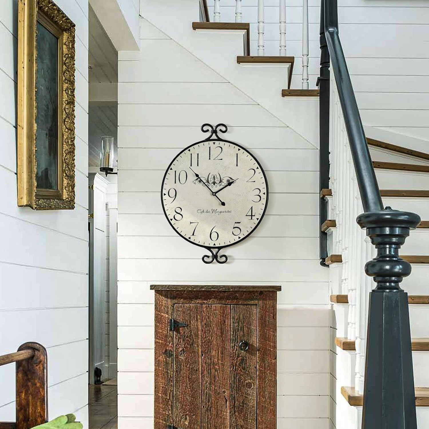 Farmhouse Wall Clock, 17H×13.4D Inch, Wrought Iron Frame with Warm Gray Finish, Vintage Wall Clock Silent Battery Operated Wall Clocks for Home Living Room Kitchen Bedroom