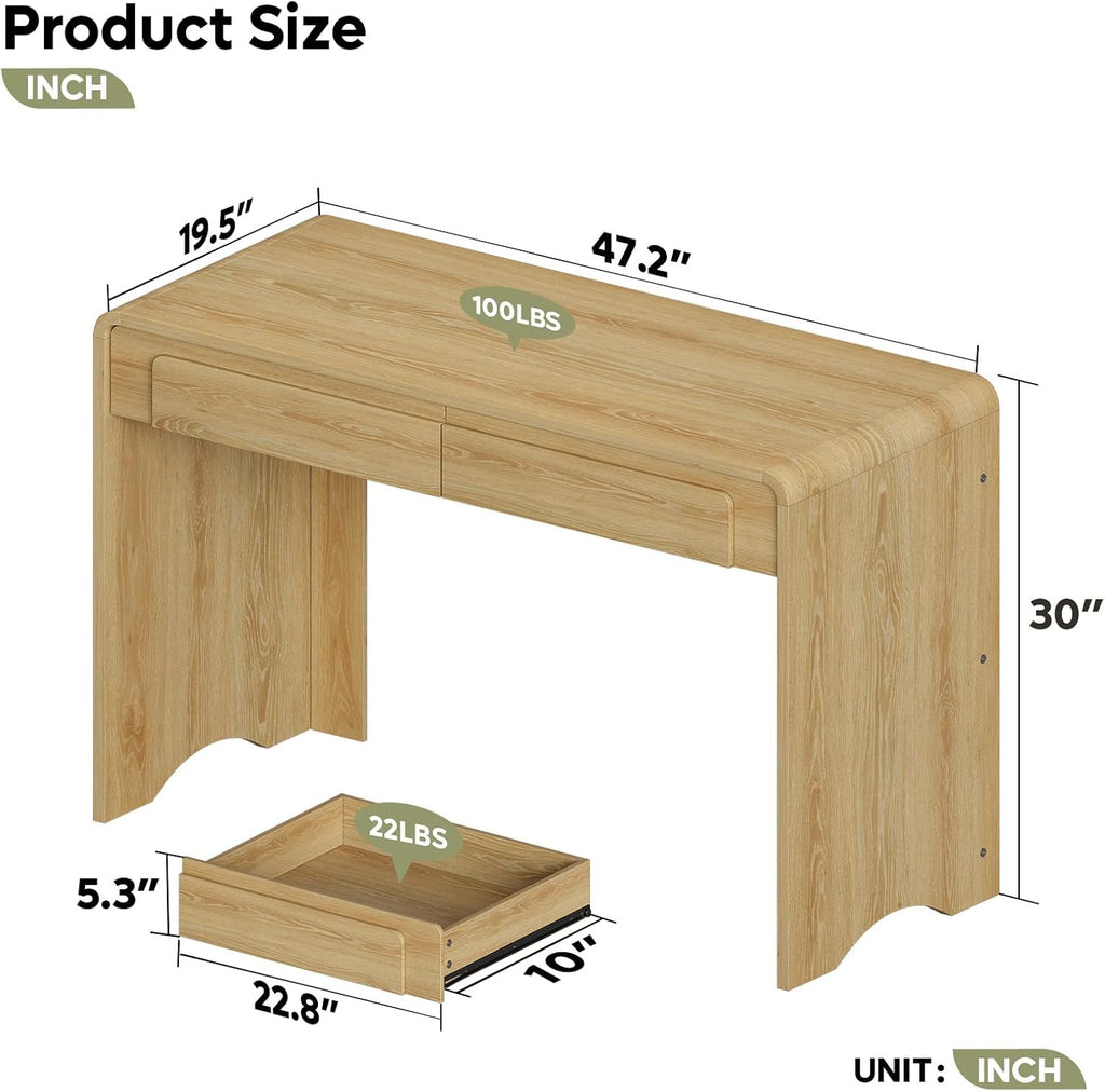 Bestier Computer Desk with 2 Drawers, 47 Inch Wood Home Office Desk, Small Writing Table with Curved Handles & Waterfall Rounded Edges, Cute Modern Desks for Bedroom Study Living Room, Oak