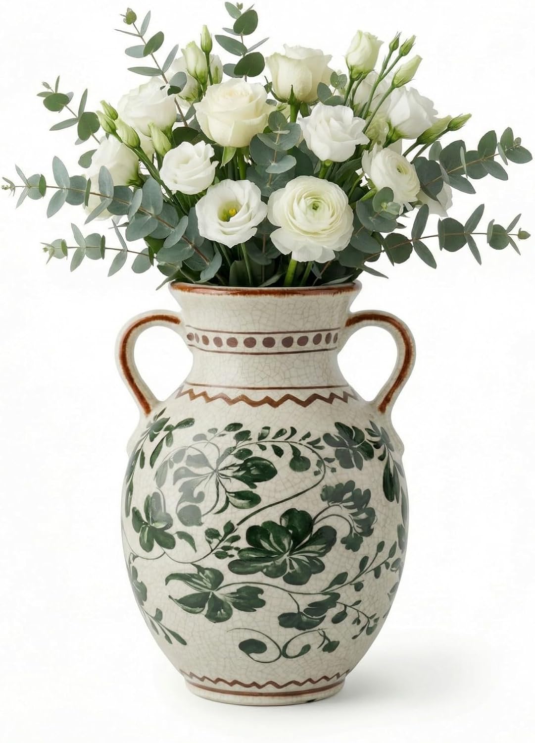 EFISPSS Ceramic Vintage Vase Decorative Spring Decor Chinese Crackle Floral Handle for Dining Room Living Room Green 8.4 in