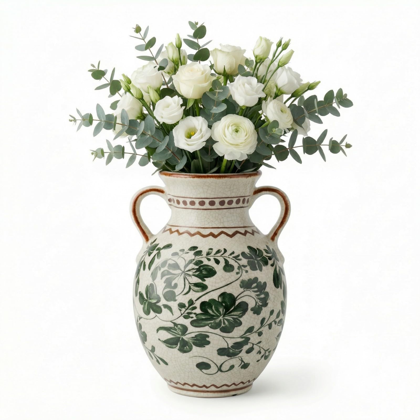 EFISPSS Ceramic Vintage Vase Decorative Spring Decor Chinese Crackle Floral Handle for Dining Room Living Room Green 8.4 in