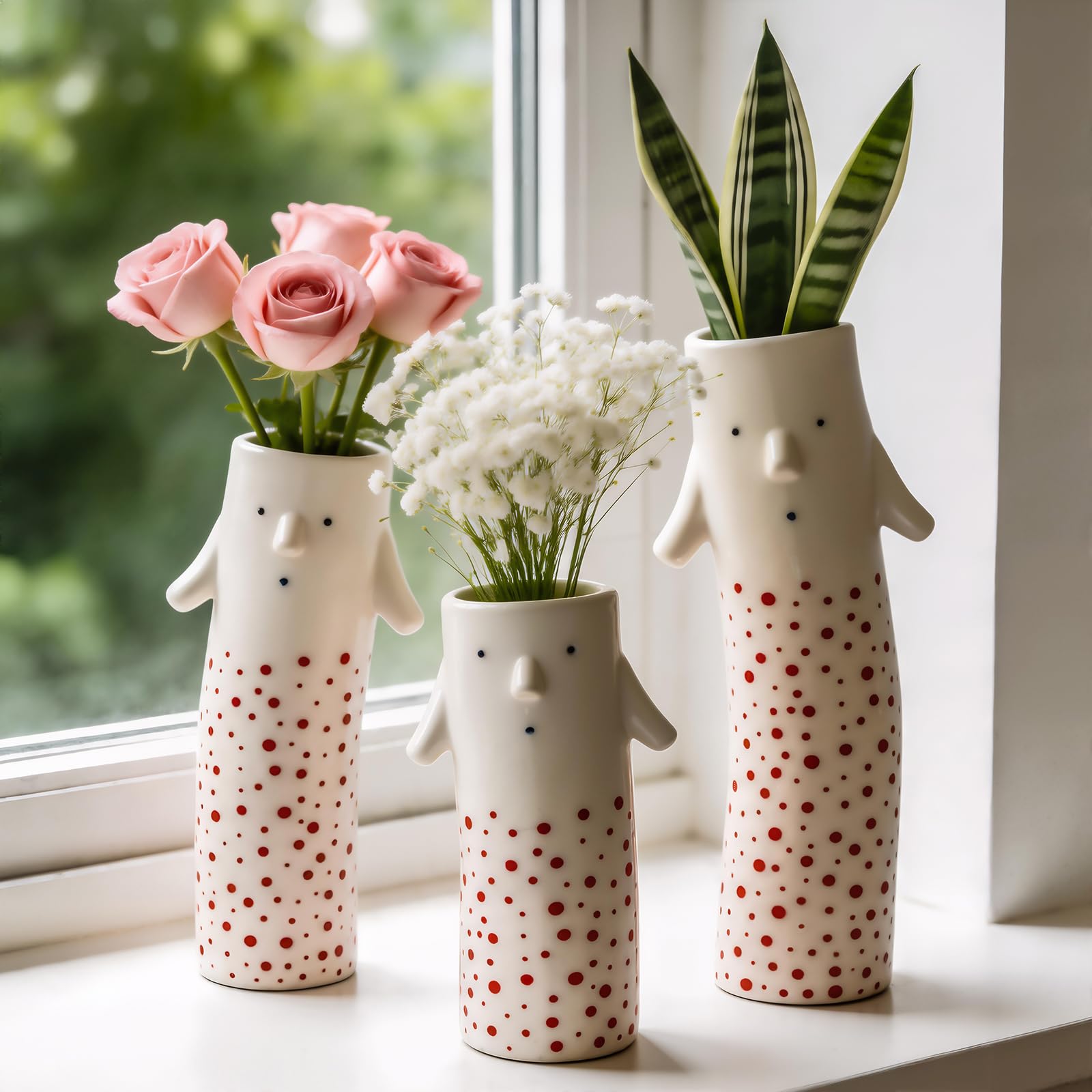 MOUGIGI Unique Ceramic Vase, Cute Boho Decor, Small Cream Vase for Dried Flowers or Single Bud - Sun and Moon Face Design
