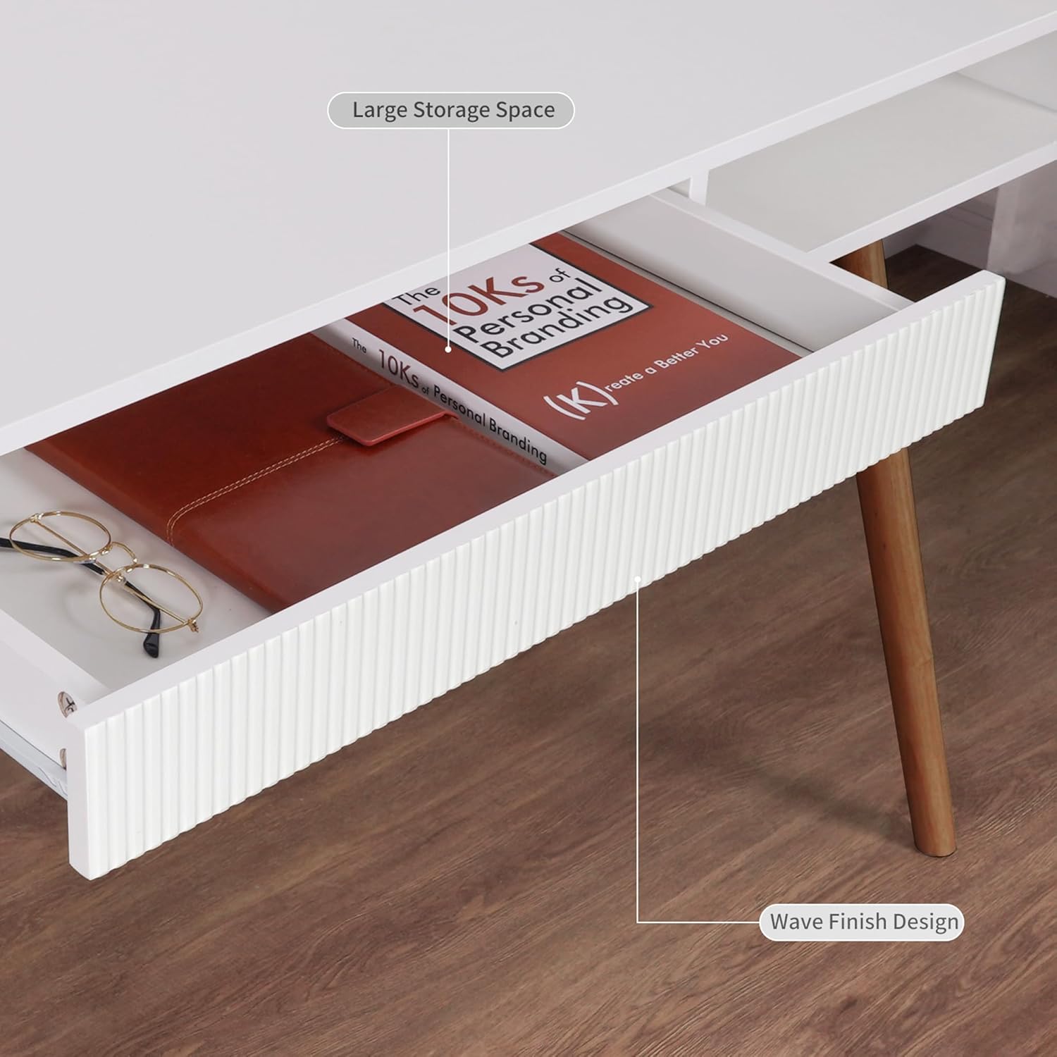 Artswish White Writing Desk with Drawers Mid Century Modern Desk, Wood Office Computer Desks for Small Space, White Desks with Walnut Legs